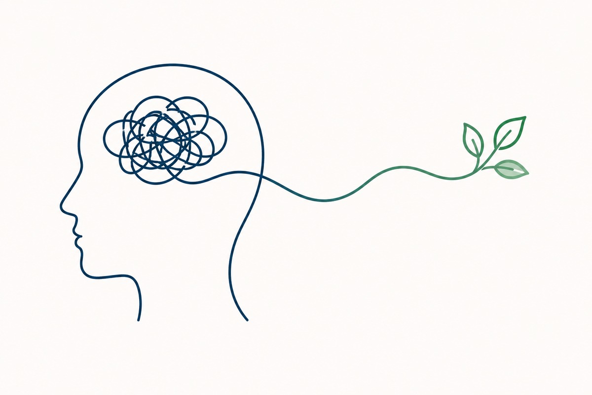 Minimal line illustration of a head with tangled thoughts becoming a calmer line and leaves, representing refocusing and recovery.